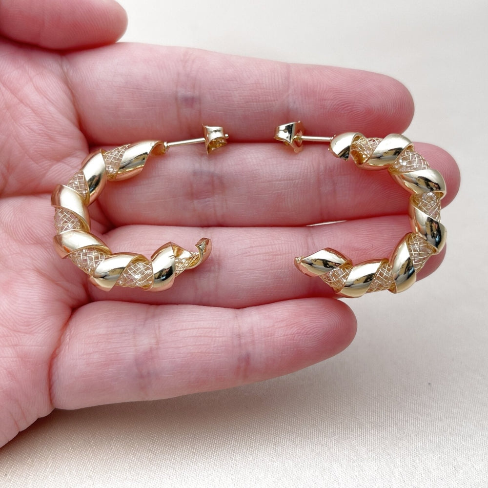 Oro Laminado Medium Hoop, Gold Filled Style Twist Design, with Crystal Crystal, Polished, Golden Finish