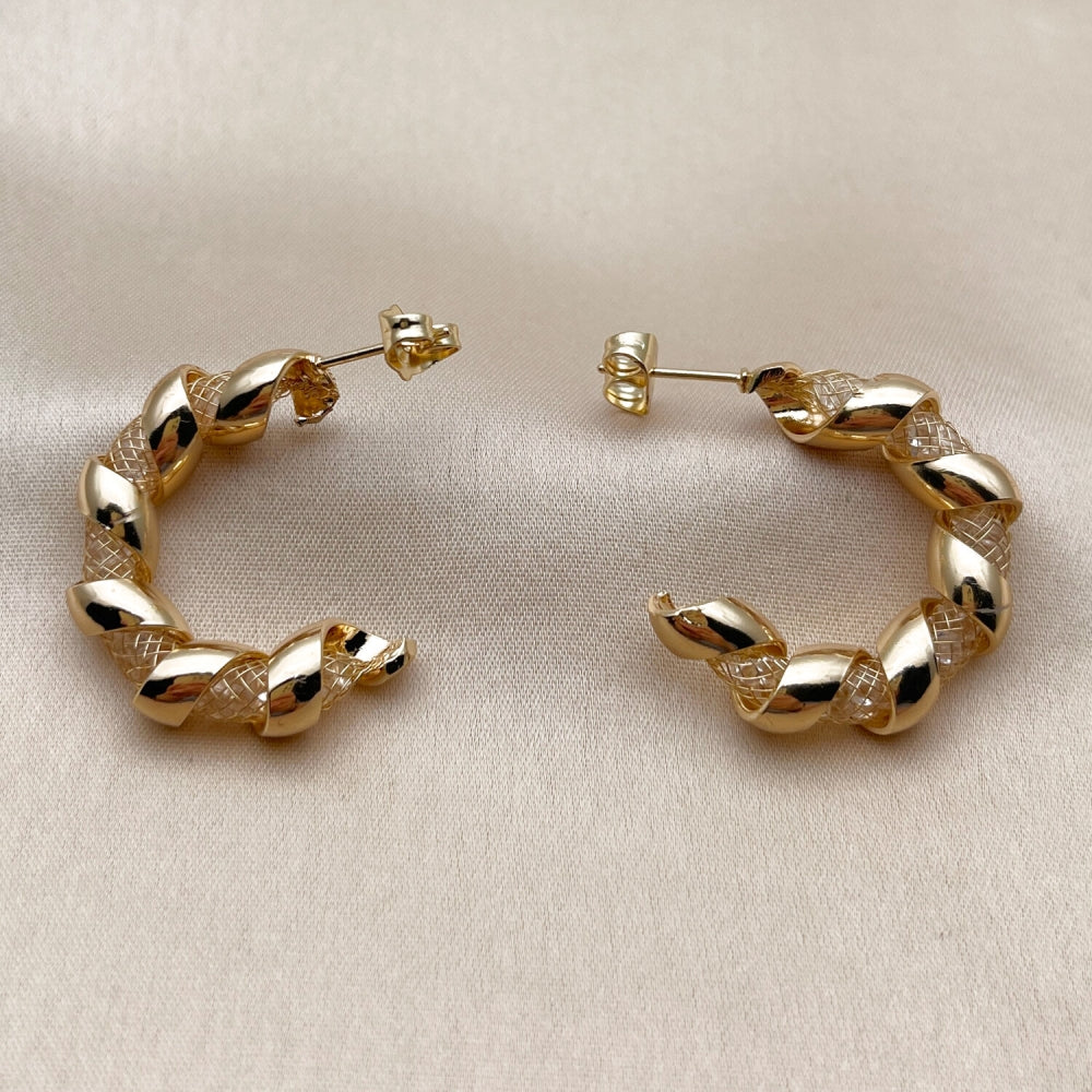 Oro Laminado Medium Hoop, Gold Filled Style Twist Design, with Crystal Crystal, Polished, Golden Finish