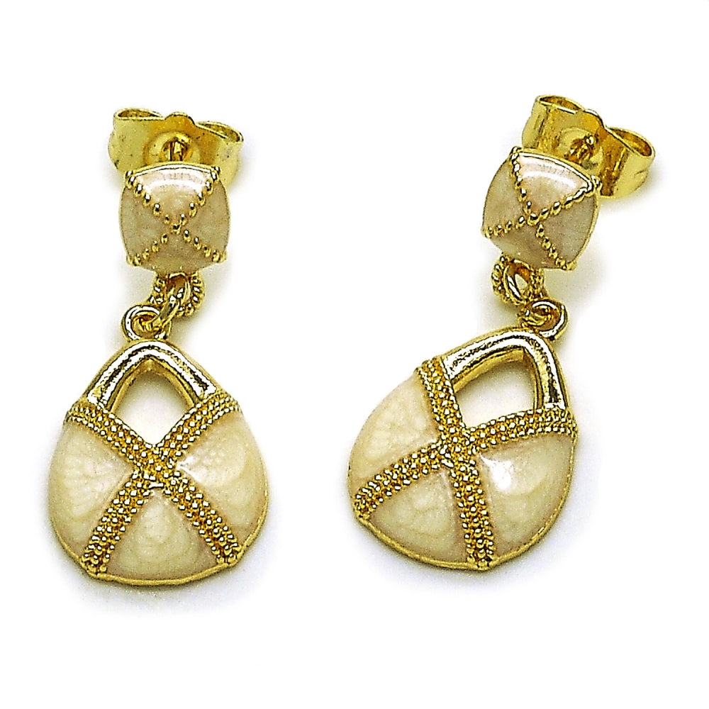 Oro Laminado Dangle Earring, Gold Filled Style Teardrop and Suitecase Design, White Enamel Finish, Golden Finish