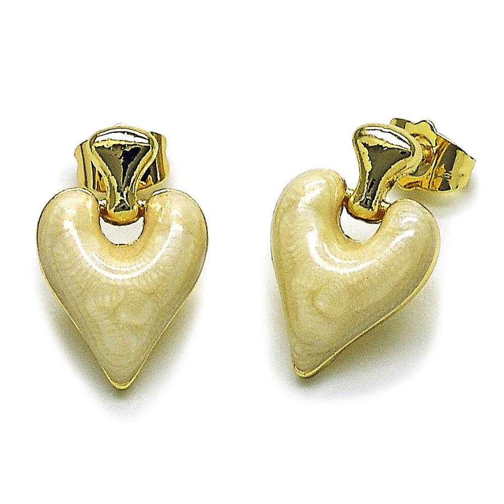 Oro Laminado Stud Earring, Gold Filled Style Heart Design, White Enamel Finish, Golden Finish