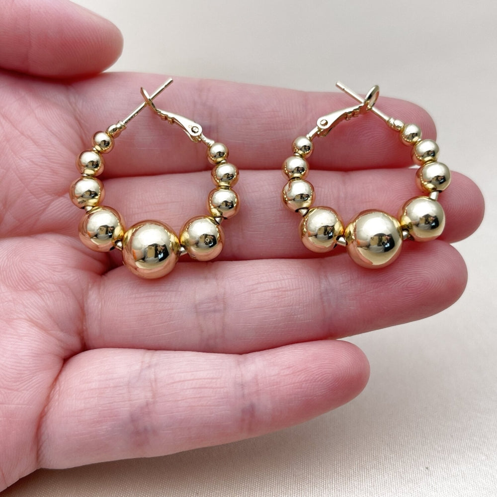 Oro Laminado Stud Earring, Gold Filled Style Ball and Hollow Design, Polished, Golden Finish
