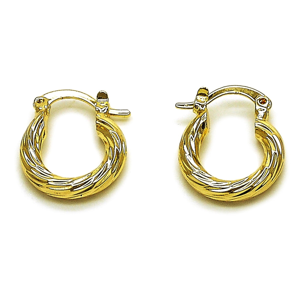 Oro Laminado Medium Hoop, Gold Filled Style Hollow Design, Diamond Cutting Finish, Golden Finish
