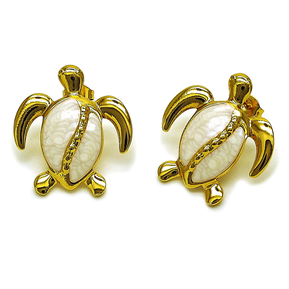 Oro Laminado Stud Earring, Gold Filled Style Turtle Design, White Enamel Finish, Golden Finish