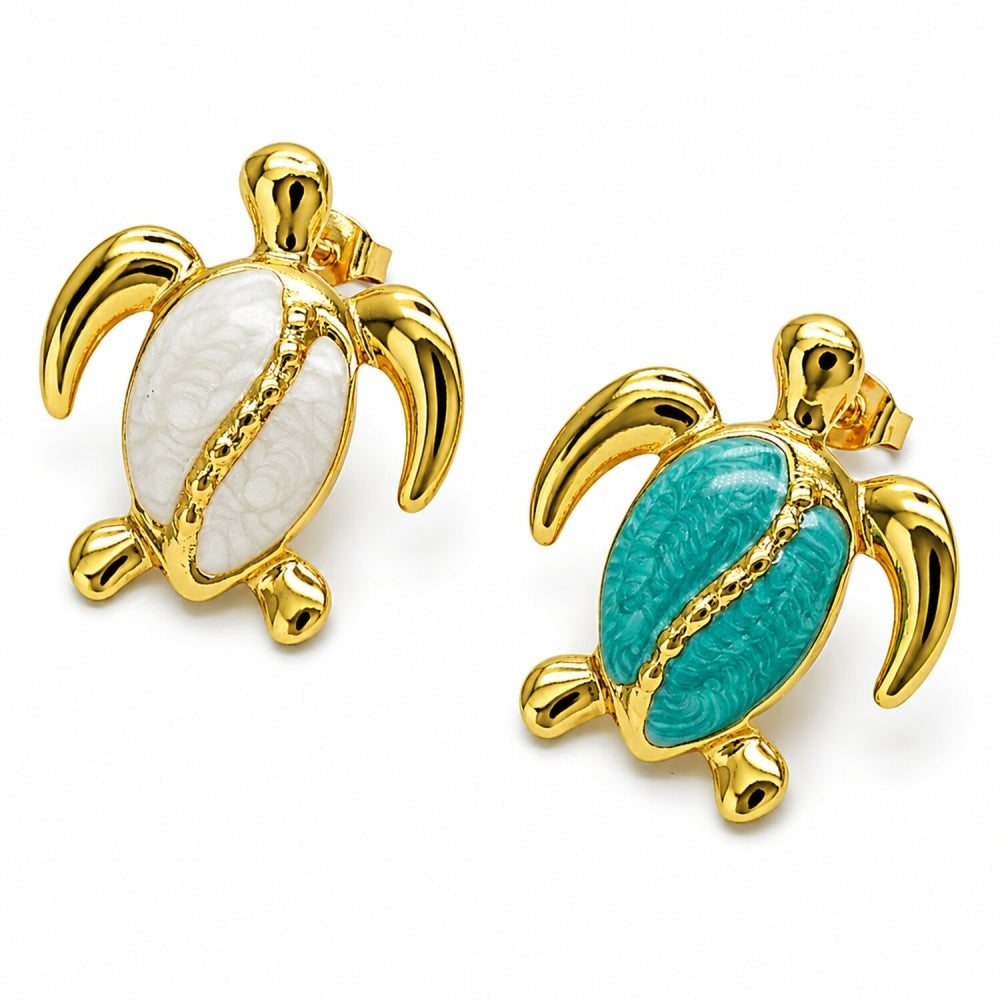 Oro Laminado Stud Earring, Gold Filled Style Turtle Design, White Enamel Finish, Golden Finish