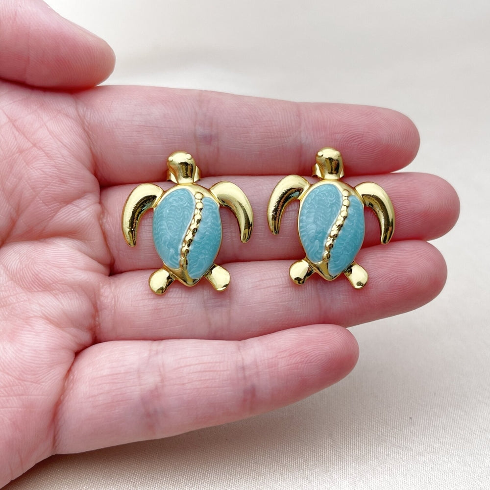 Oro Laminado Stud Earring, Gold Filled Style Turtle Design, Blue Enamel Finish, Golden Finish