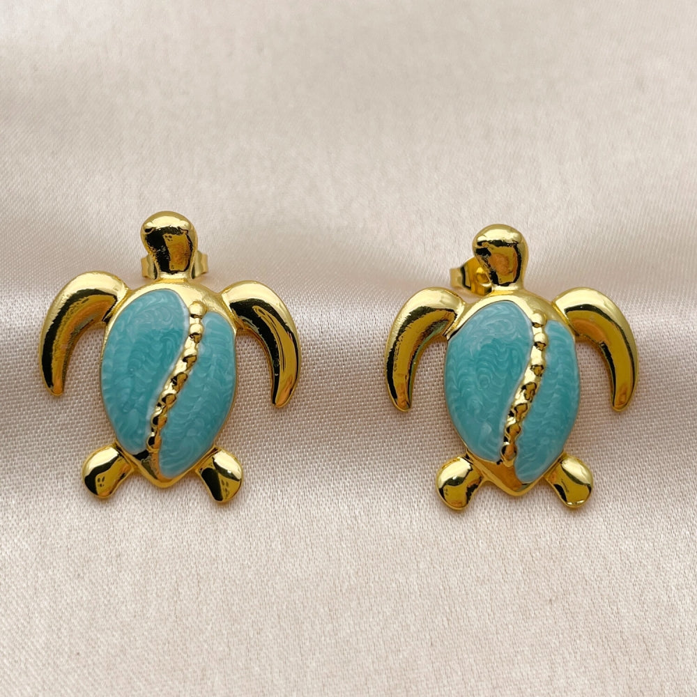 Oro Laminado Stud Earring, Gold Filled Style Turtle Design, Blue Enamel Finish, Golden Finish