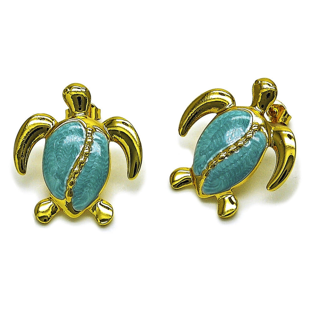 Oro Laminado Stud Earring, Gold Filled Style Turtle Design, Blue Enamel Finish, Golden Finish