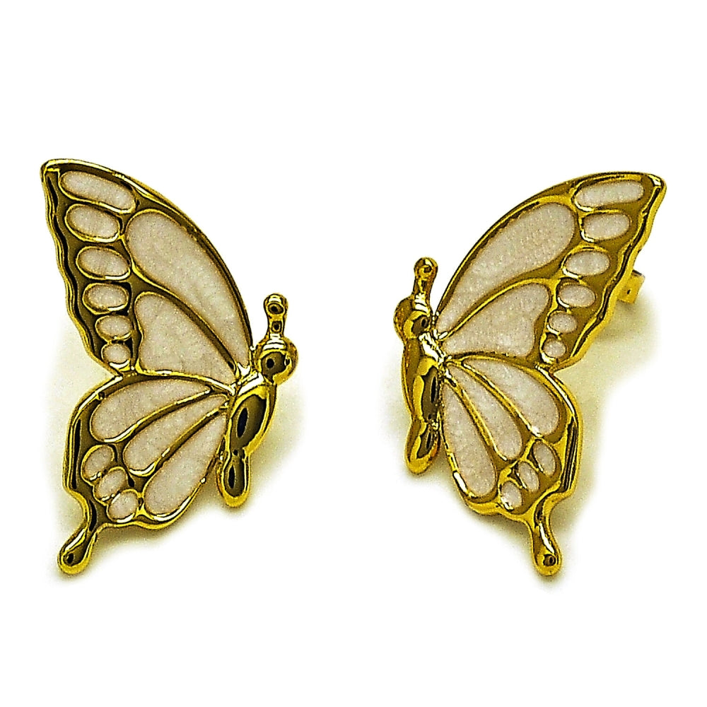 Oro Laminado Stud Earring, Gold Filled Style Butterfly Design, White Enamel Finish, Golden Finish