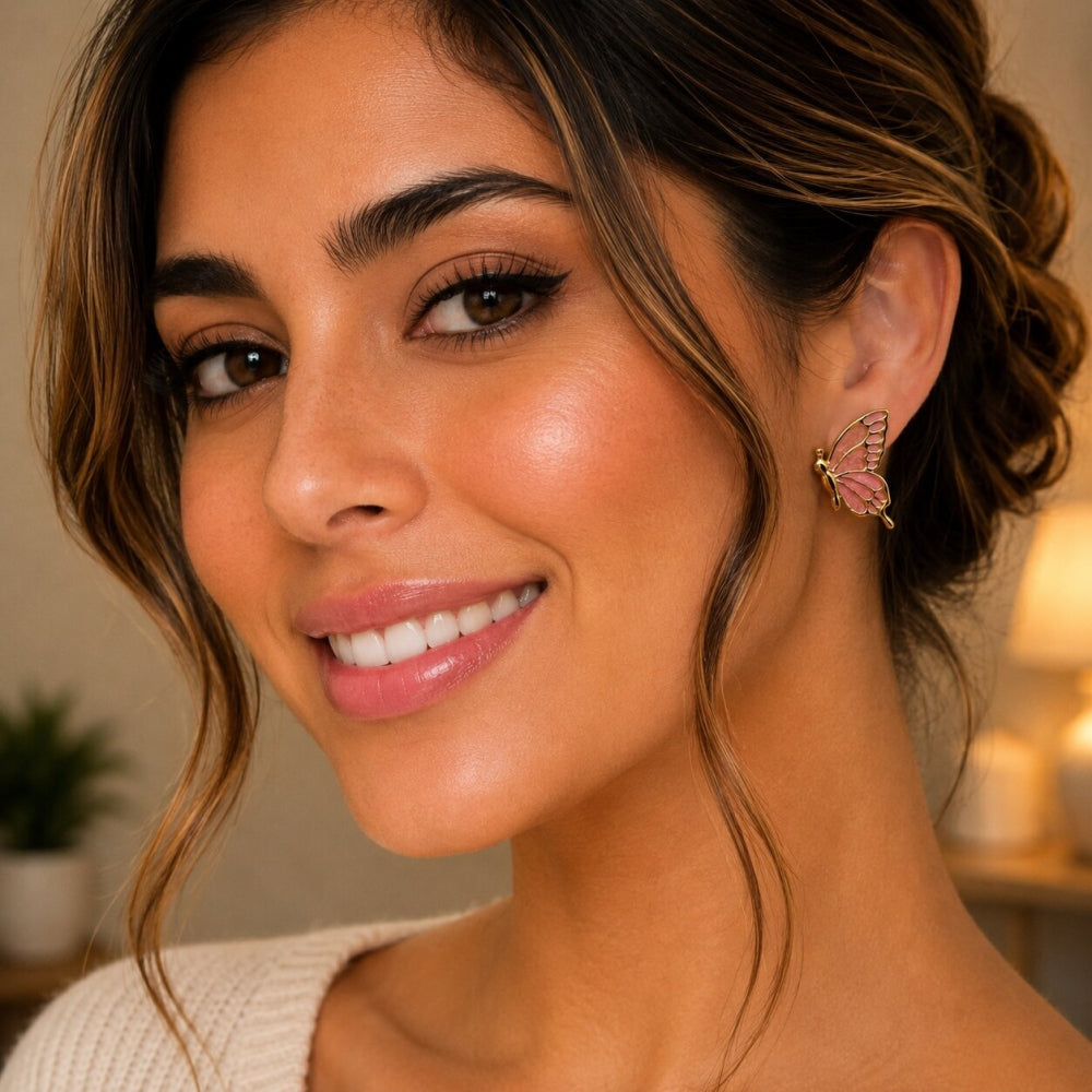 Oro Laminado Stud Earring, Gold Filled Style Butterfly Design, Pink Enamel Finish, Golden Finish