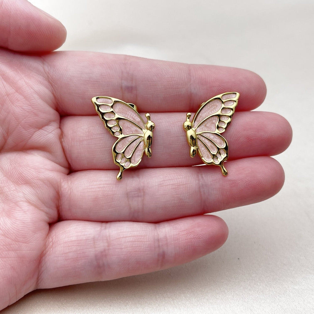 Oro Laminado Stud Earring, Gold Filled Style Butterfly Design, Pink Enamel Finish, Golden Finish