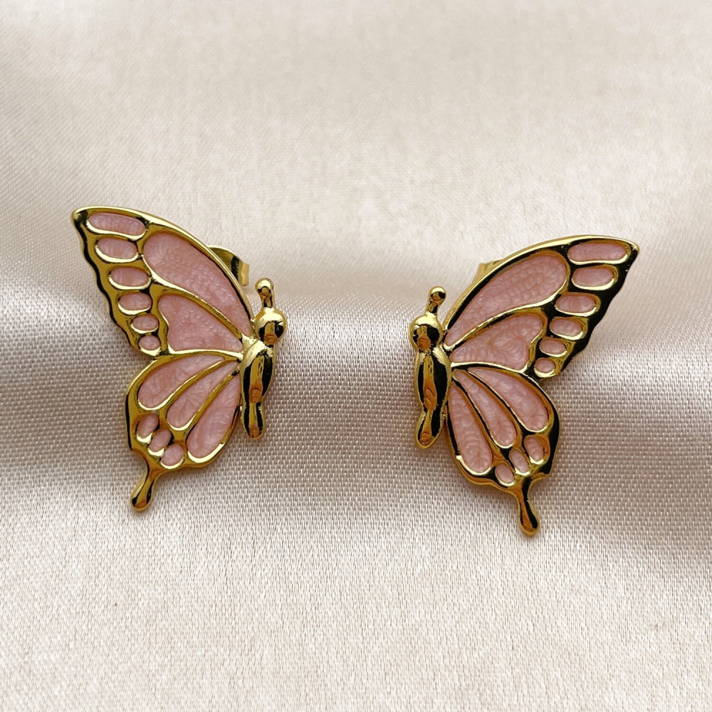 Oro Laminado Stud Earring, Gold Filled Style Butterfly Design, Pink Enamel Finish, Golden Finish
