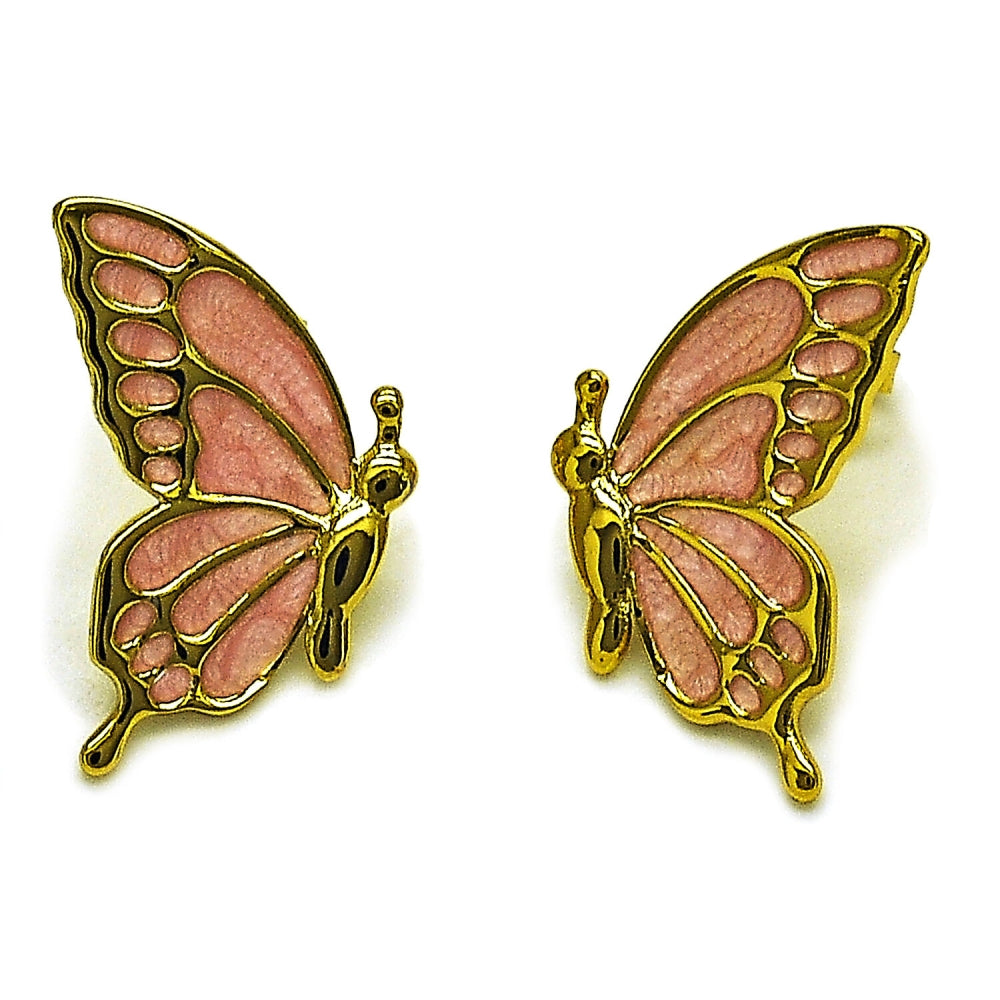 Oro Laminado Stud Earring, Gold Filled Style Butterfly Design, Pink Enamel Finish, Golden Finish