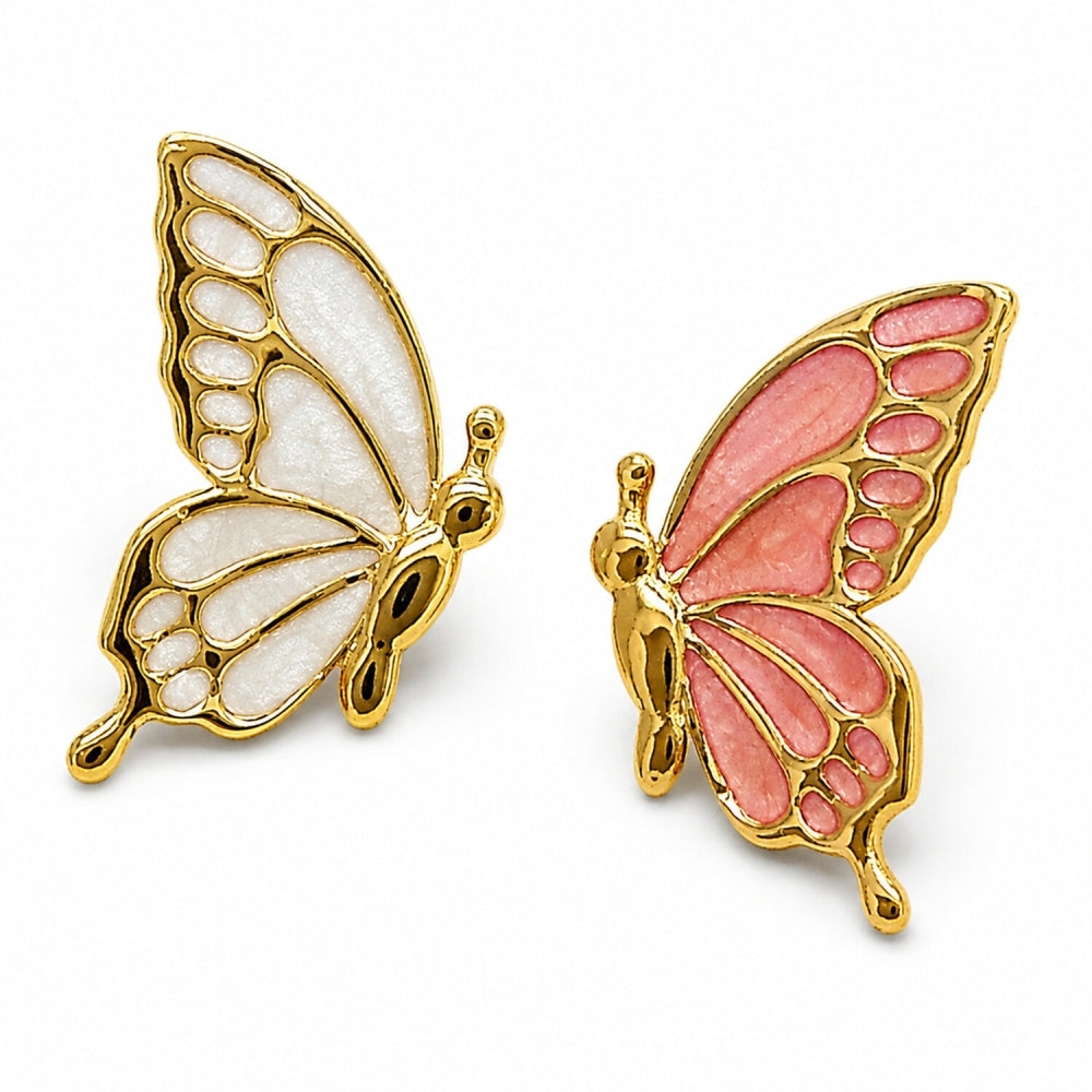 Oro Laminado Stud Earring, Gold Filled Style Butterfly Design, Pink Enamel Finish, Golden Finish