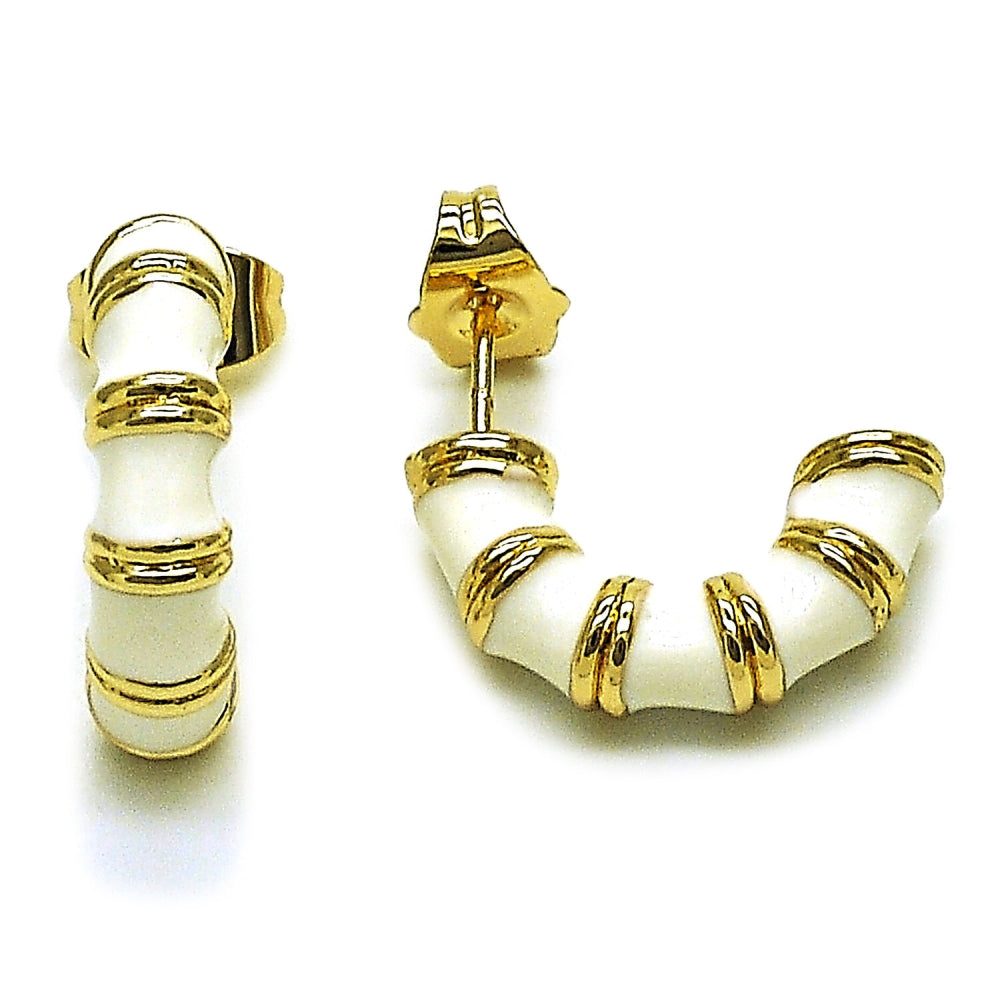 Oro Laminado Stud Earring, Gold Filled Style Bamboo and Hollow Design, White Enamel Finish, Golden Finish