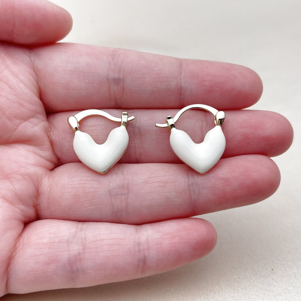 Oro Laminado Small Hoop, Gold Filled Style Heart Design, White Enamel Finish, Golden Finish