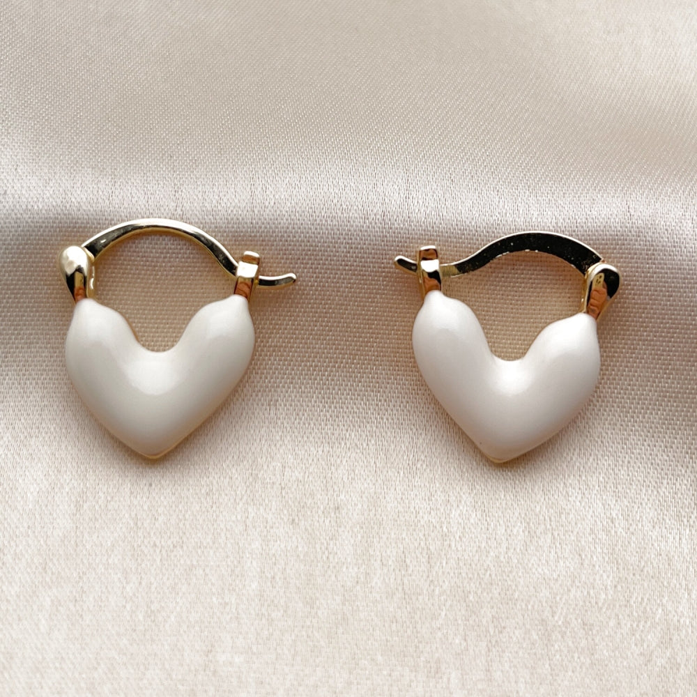 Oro Laminado Small Hoop, Gold Filled Style Heart Design, White Enamel Finish, Golden Finish
