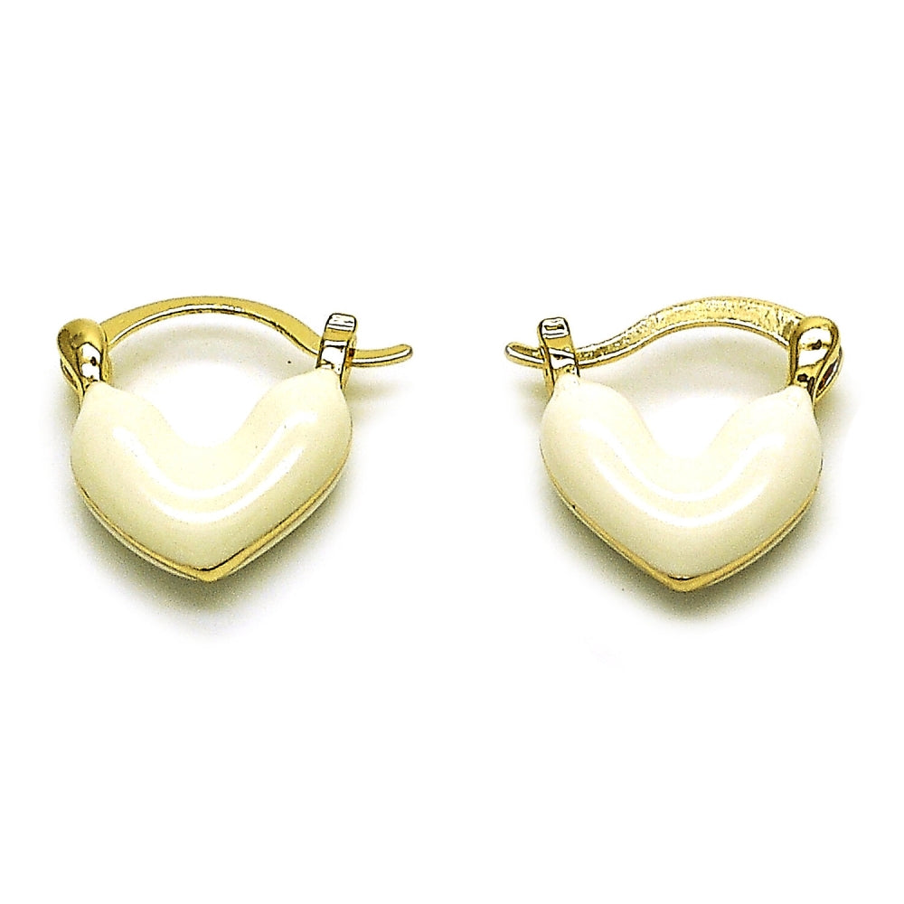 Oro Laminado Small Hoop, Gold Filled Style Heart Design, White Enamel Finish, Golden Finish