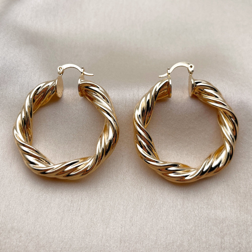 Oro Laminado Medium Hoop, Gold Filled Style Twist Design, Polished, Golden Finish