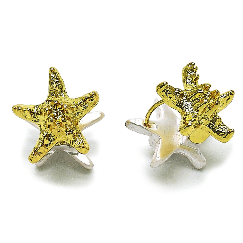 Oro Laminado Huggie Hoop, Gold Filled Style Star Design, with Ivory Pearl, Polished, Golden Finish