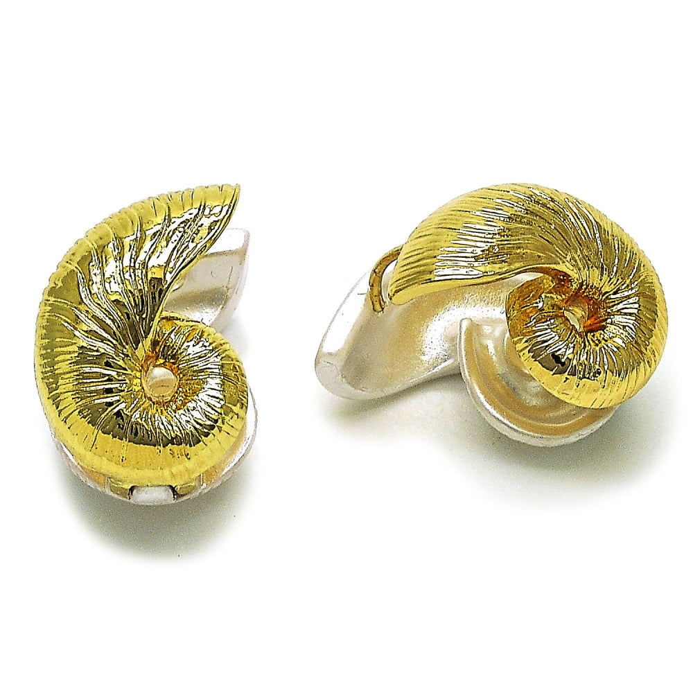 Oro Laminado Huggie Hoop, Gold Filled Style Snail Design, with Ivory Pearl, Polished, Golden Finish