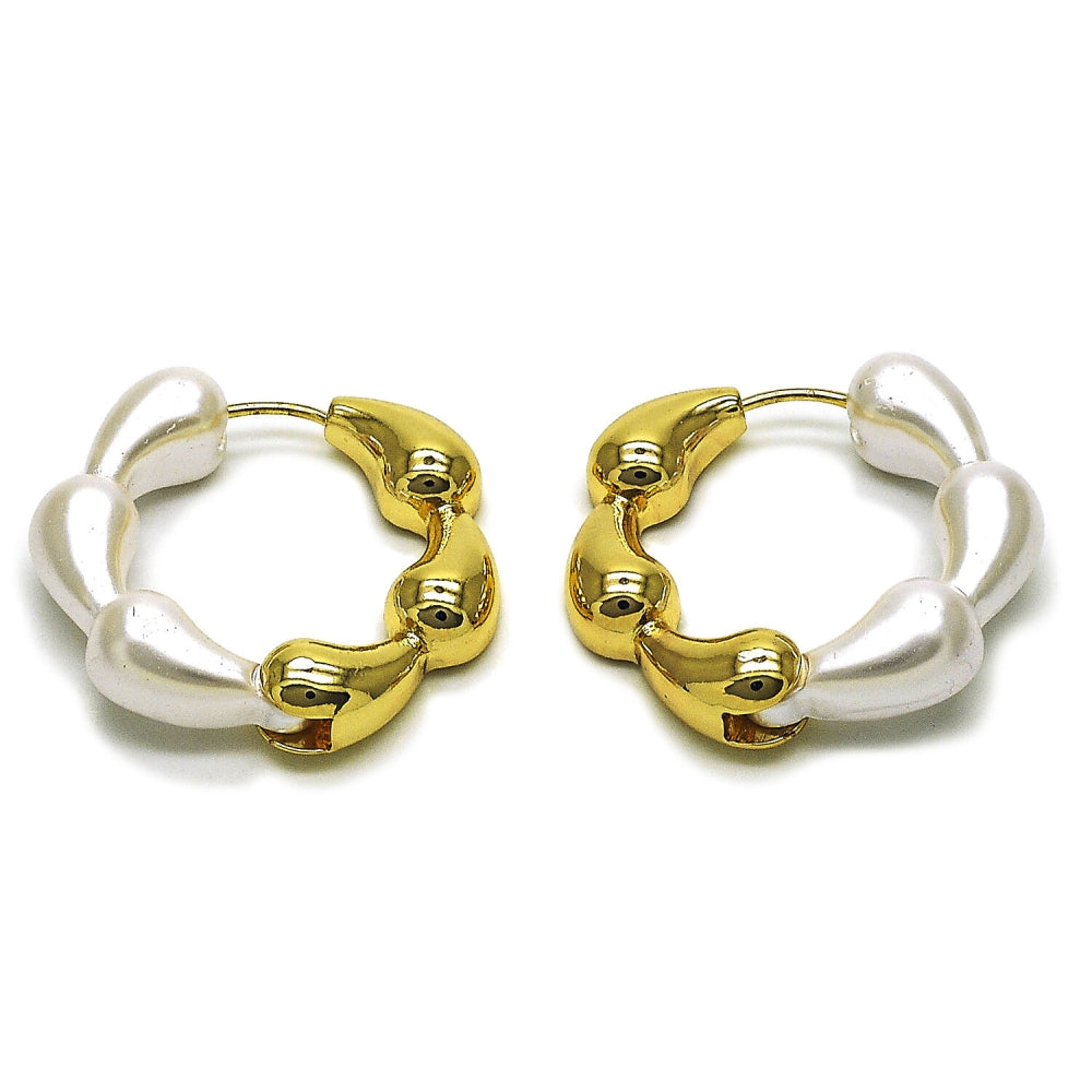 Oro Laminado Huggie Hoop, Gold Filled Style Teardrop Design, with Ivory Pearl, Polished, Golden Finish