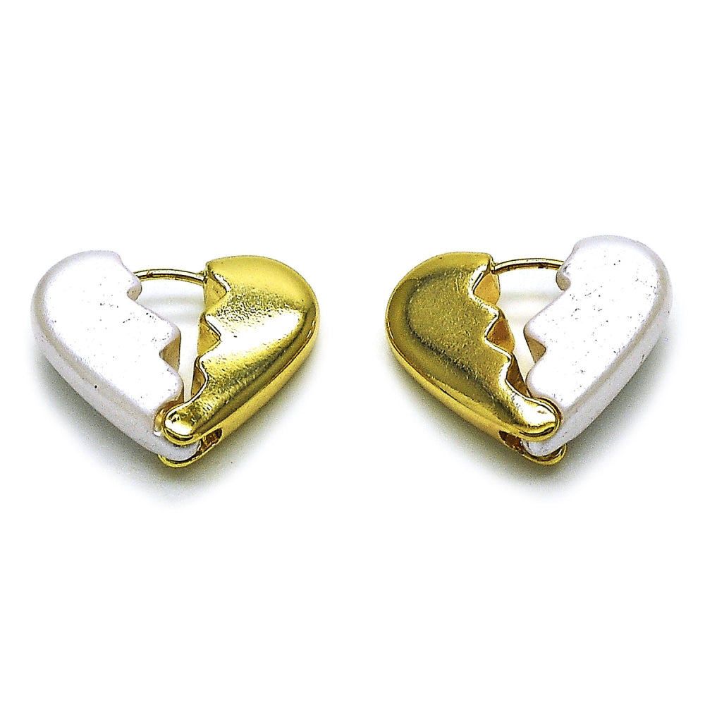 Oro Laminado Huggie Hoop, Gold Filled Style Heart Design, with Ivory Pearl, Polished, Golden Finish
