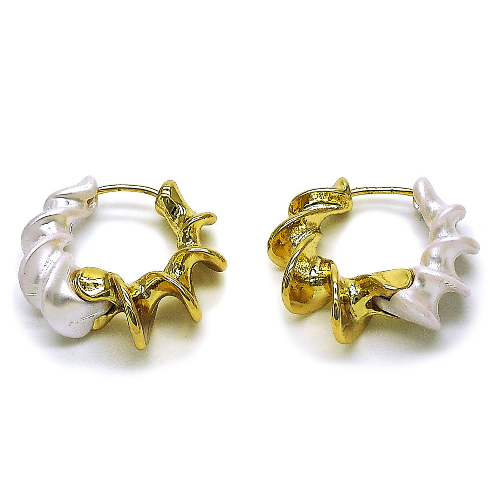 Oro Laminado Huggie Hoop, Gold Filled Style Twist Design, with Ivory Pearl, Polished, Golden Finish