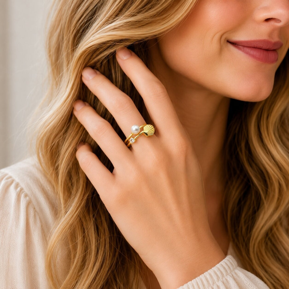 Oro Laminado Multi Stone Ring, Gold Filled Style Shell and Ball Design, with Ivory Pearl and White Cubic Zirconia, Polished, Golden Finish