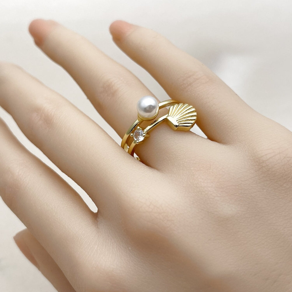 Oro Laminado Multi Stone Ring, Gold Filled Style Shell and Ball Design, with Ivory Pearl and White Cubic Zirconia, Polished, Golden Finish