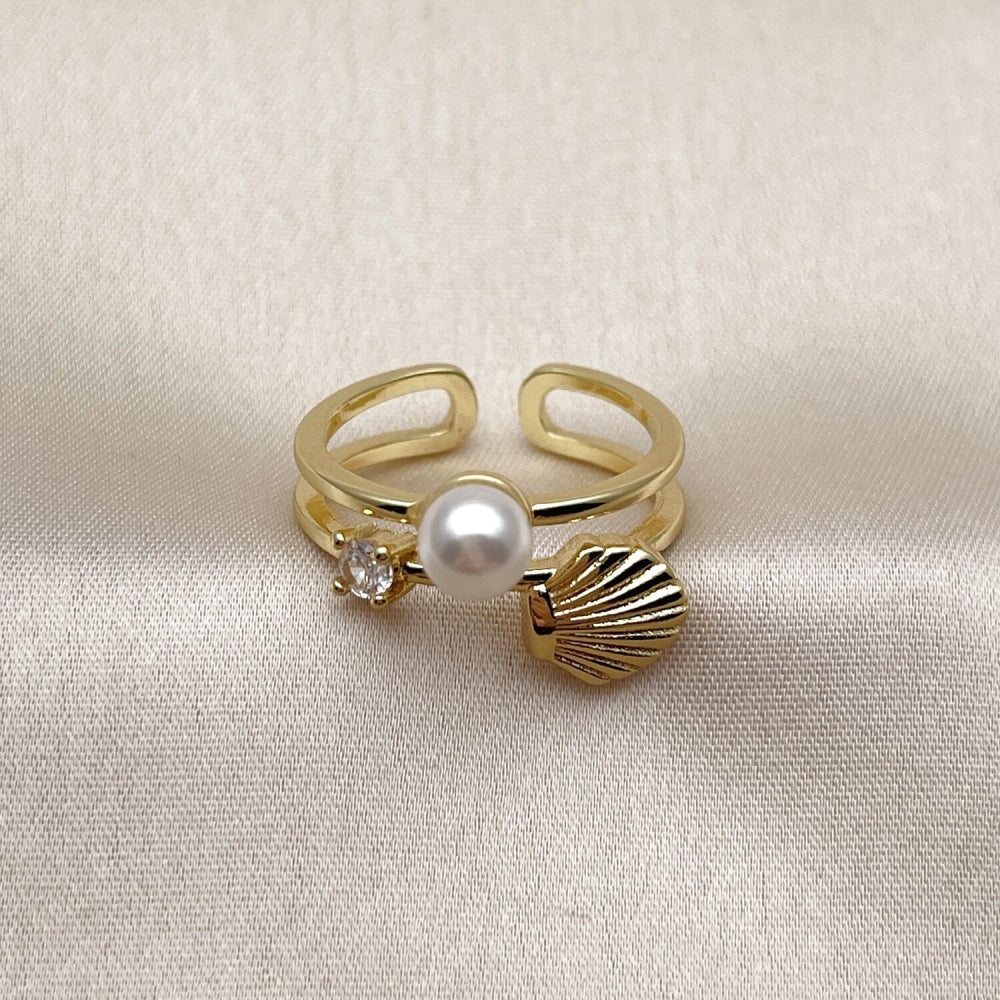 Oro Laminado Multi Stone Ring, Gold Filled Style Shell and Ball Design, with Ivory Pearl and White Cubic Zirconia, Polished, Golden Finish