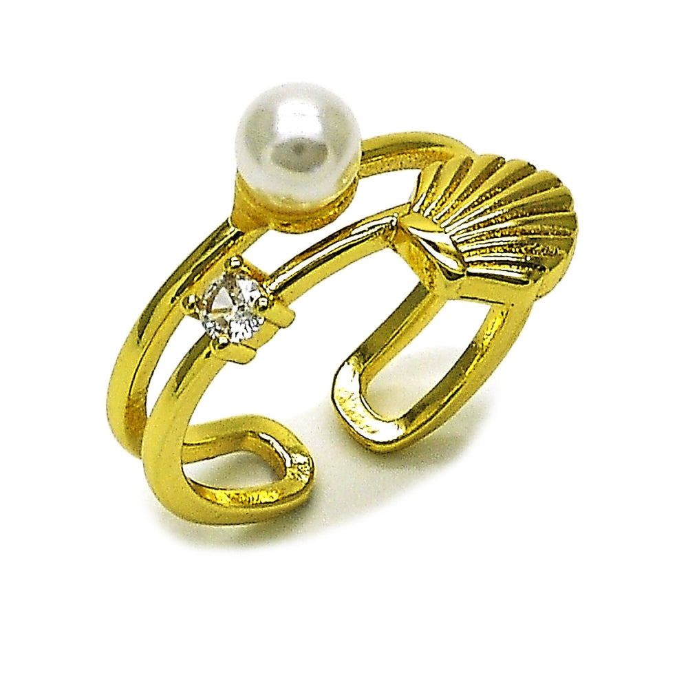 Oro Laminado Multi Stone Ring, Gold Filled Style Shell and Ball Design, with Ivory Pearl and White Cubic Zirconia, Polished, Golden Finish