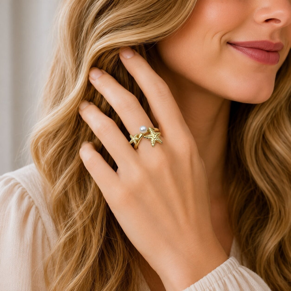 Oro Laminado Elegant Ring, Gold Filled Style Star and Ball Design, with Ivory Pearl, Polished, Golden Finish