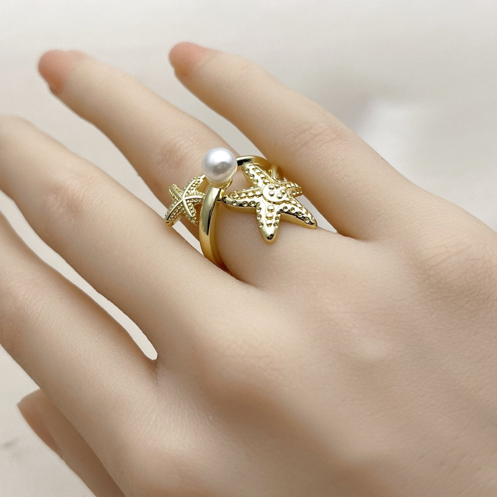 Oro Laminado Elegant Ring, Gold Filled Style Star and Ball Design, with Ivory Pearl, Polished, Golden Finish