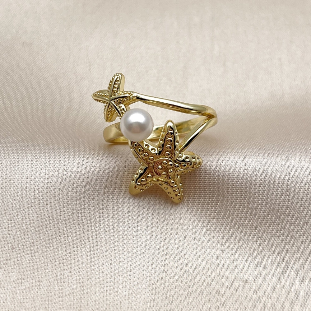 Oro Laminado Elegant Ring, Gold Filled Style Star and Ball Design, with Ivory Pearl, Polished, Golden Finish