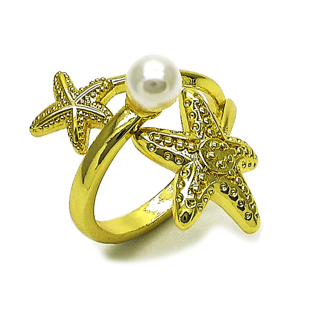 Oro Laminado Elegant Ring, Gold Filled Style Star and Ball Design, with Ivory Pearl, Polished, Golden Finish