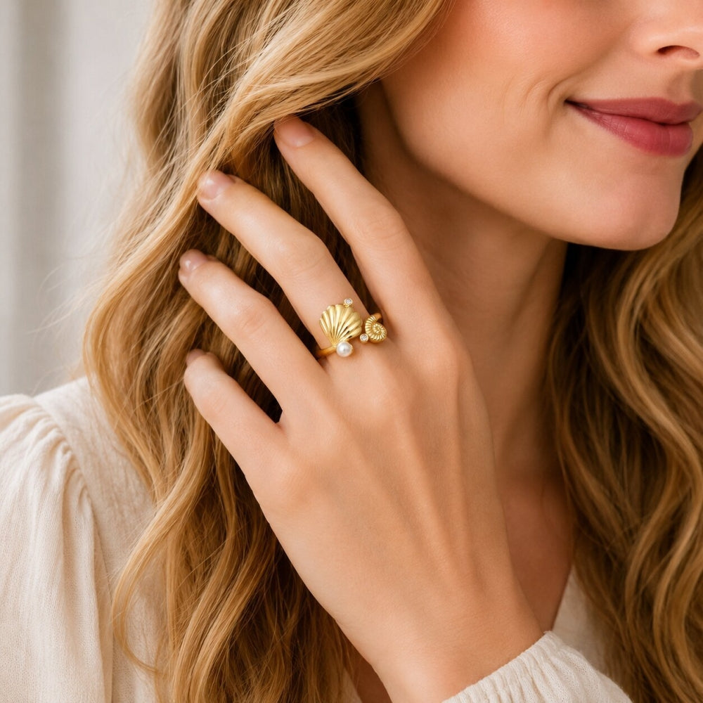 Oro Laminado Multi Stone Ring, Gold Filled Style Shell and Snail Design, with Ivory Pearl and White Cubic Zirconia, Polished, Golden Finish