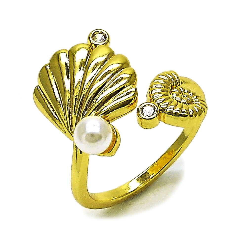 Oro Laminado Multi Stone Ring, Gold Filled Style Shell and Snail Design, with Ivory Pearl and White Cubic Zirconia, Polished, Golden Finish