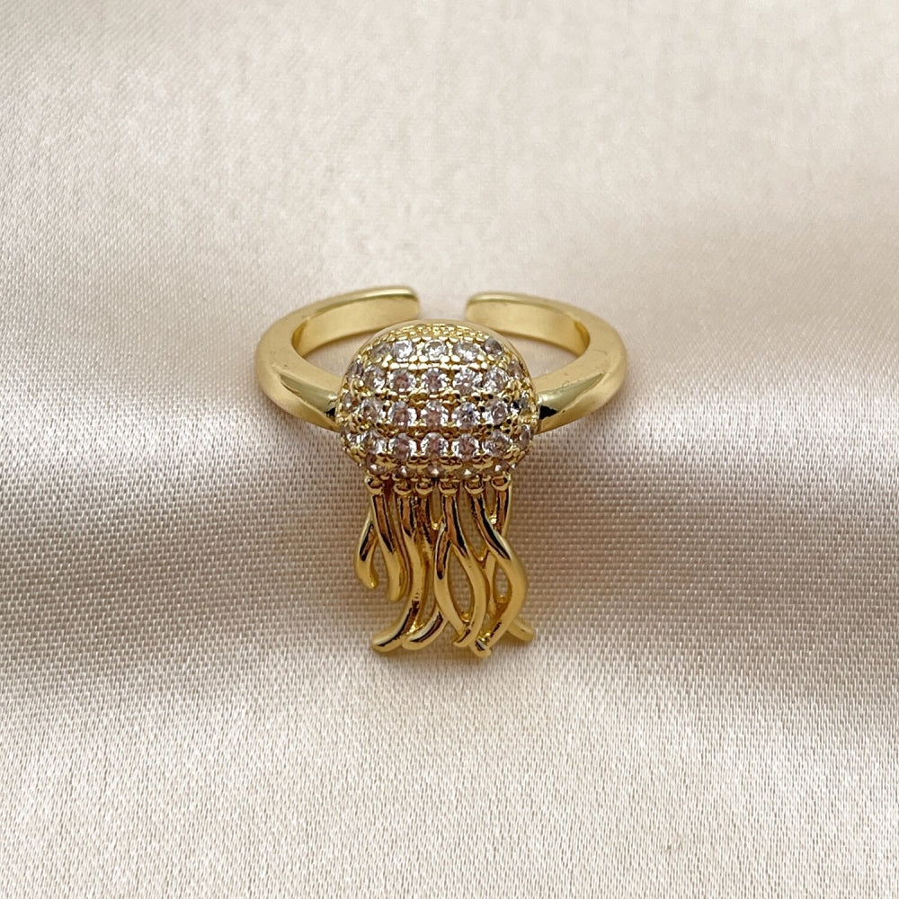 Oro Laminado Multi Stone Ring, Gold Filled Style Fish Design, with White Cubic Zirconia, Polished, Golden Finish