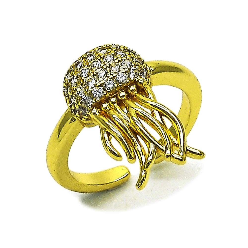 Oro Laminado Multi Stone Ring, Gold Filled Style Fish Design, with White Cubic Zirconia, Polished, Golden Finish
