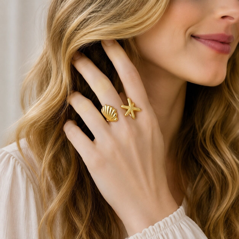 Oro Laminado Elegant Ring, Gold Filled Style Star and Shell Design, Polished, Golden Finish