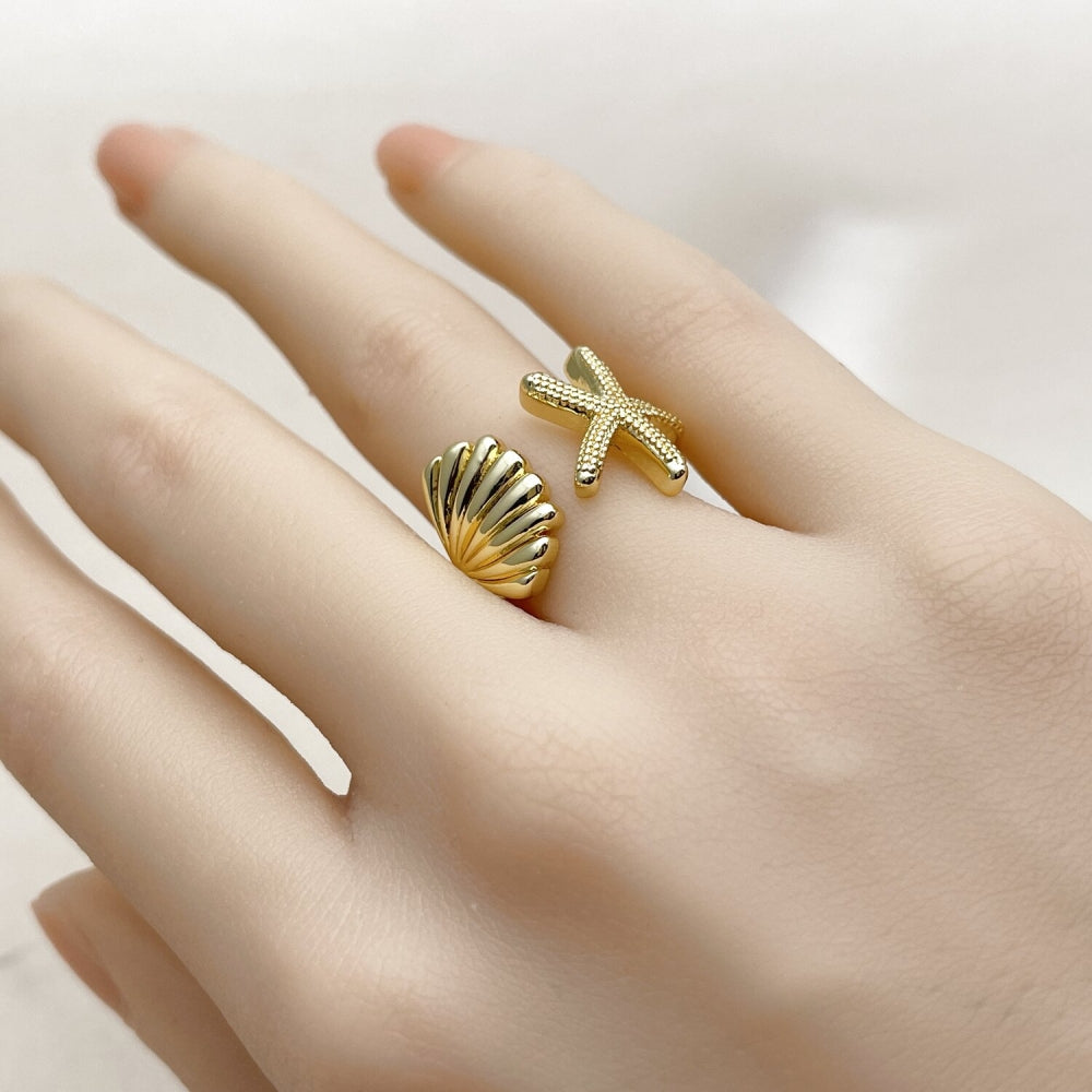 Oro Laminado Elegant Ring, Gold Filled Style Star and Shell Design, Polished, Golden Finish