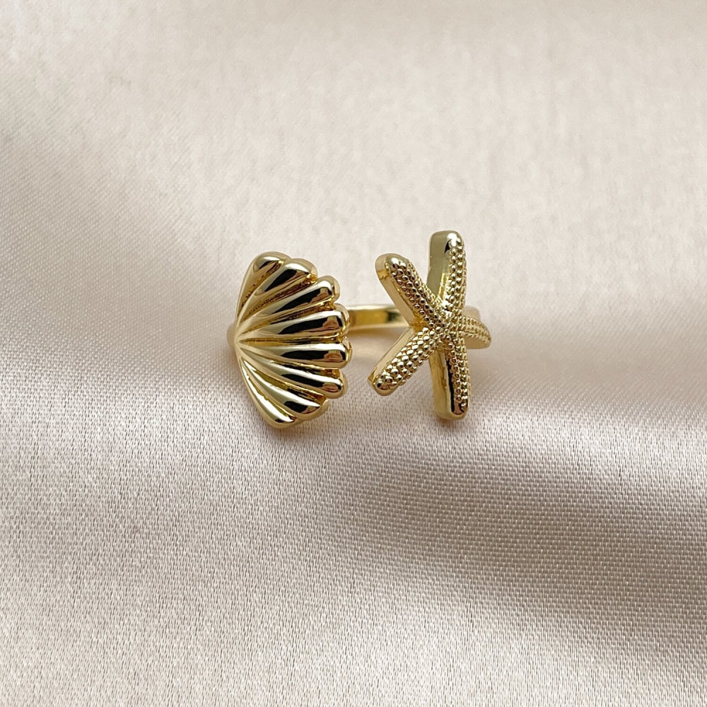 Oro Laminado Elegant Ring, Gold Filled Style Star and Shell Design, Polished, Golden Finish