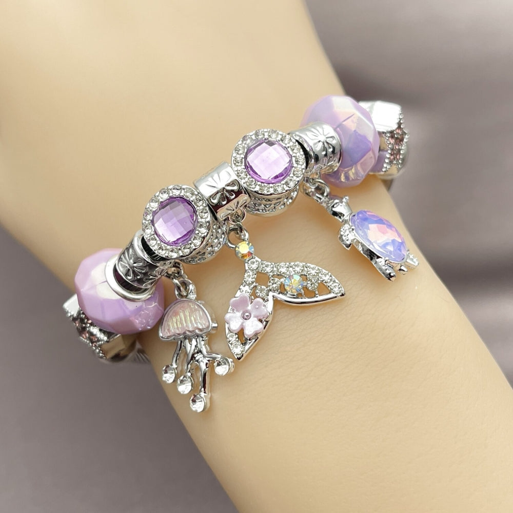 Stainless Steel Individual Bangle, Star and Fish Design, with Violet and Cyclamen Opal Crystal, Pink Polished, Steel Finish