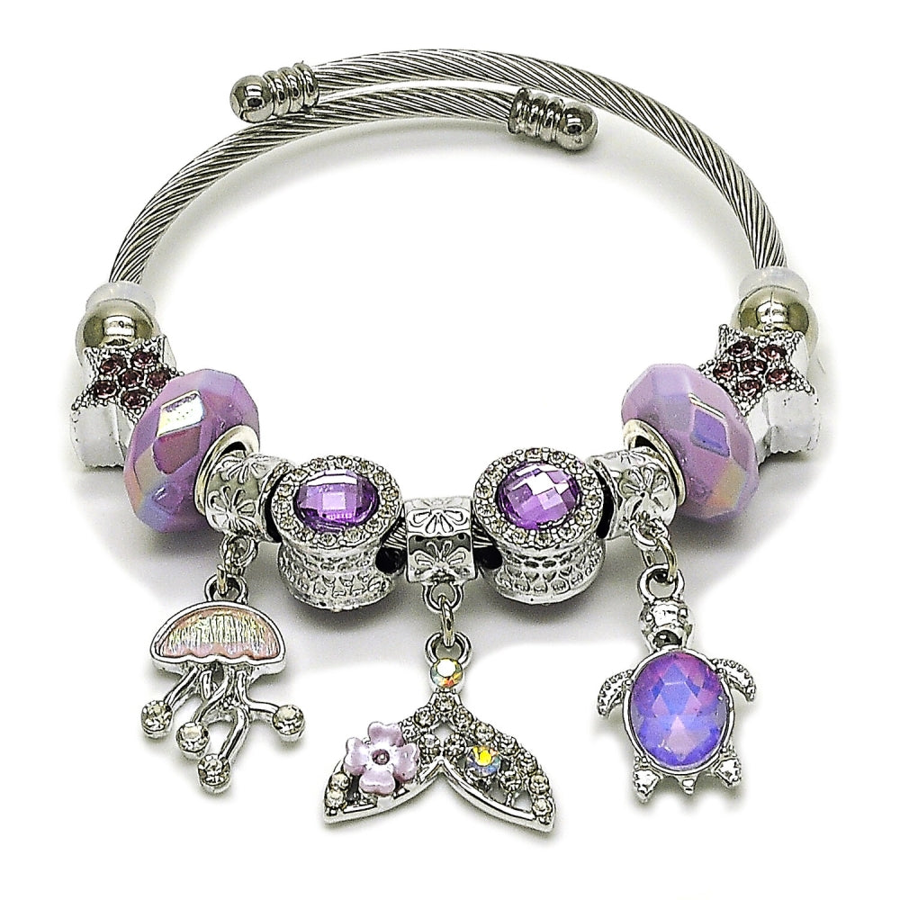 Stainless Steel Individual Bangle, Star and Fish Design, with Violet and Cyclamen Opal Crystal, Pink Polished, Steel Finish