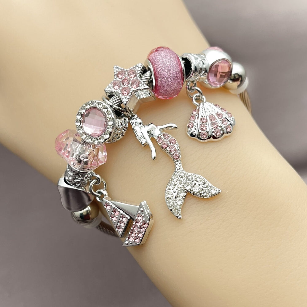 Stainless Steel Individual Bangle, Fish and Heart Design, with Light Rose and Crystal Crystal, Polished, Steel Finish