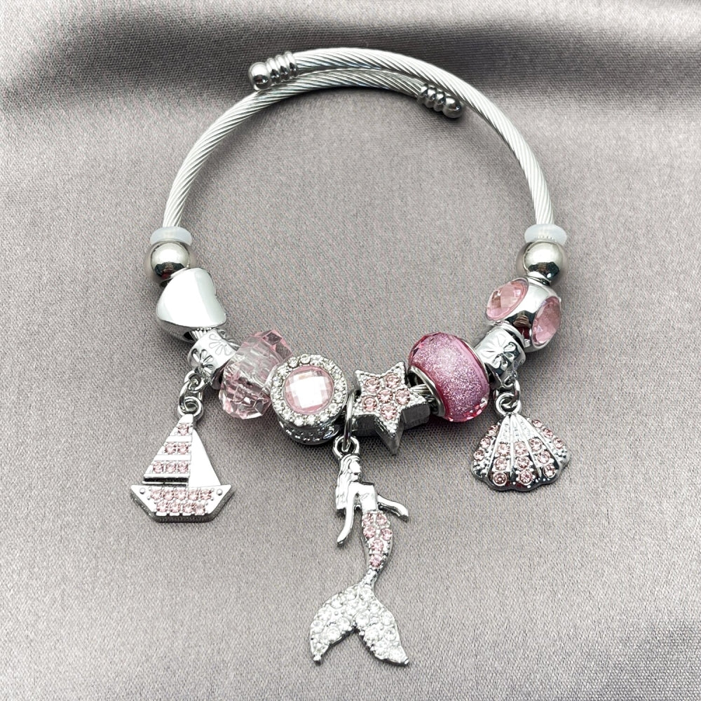Stainless Steel Individual Bangle, Fish and Heart Design, with Light Rose and Crystal Crystal, Polished, Steel Finish