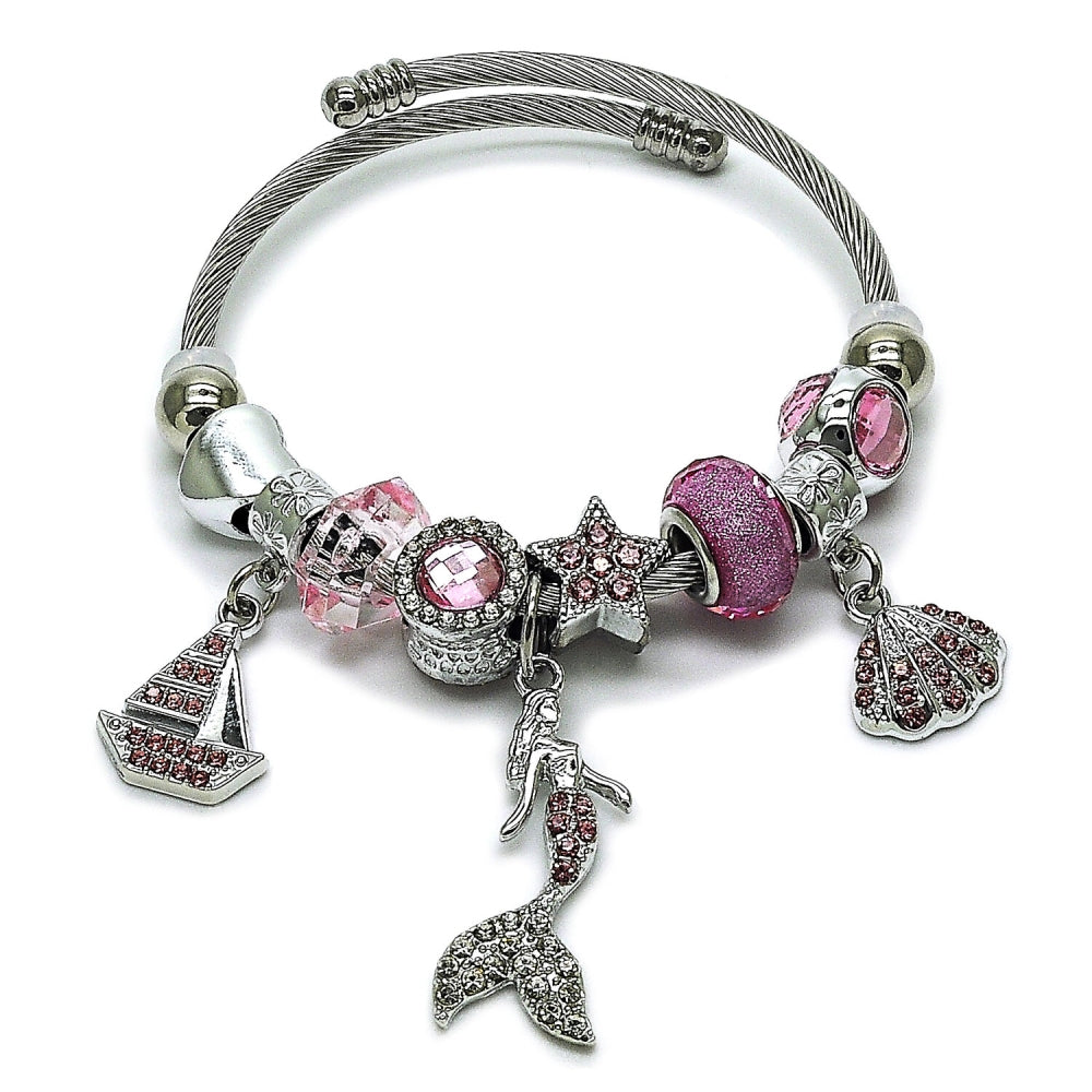 Stainless Steel Individual Bangle, Fish and Heart Design, with Light Rose and Crystal Crystal, Polished, Steel Finish