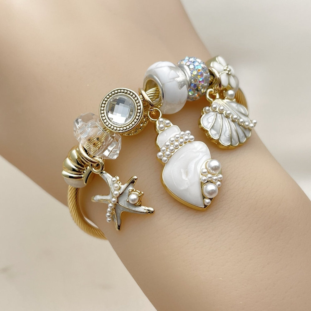 Stainless Steel Individual Bangle, Shell and Star Design, with Ivory Pearl and White Platina Crystal, White Enamel Finish, Golden Finish