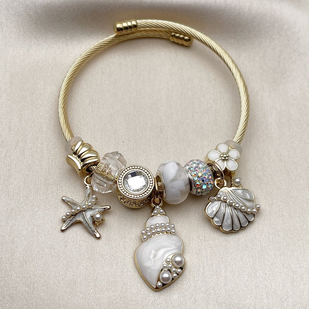 Stainless Steel Individual Bangle, Shell and Star Design, with Ivory Pearl and White Platina Crystal, White Enamel Finish, Golden Finish