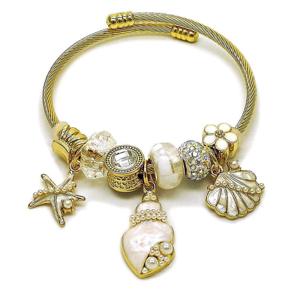 Stainless Steel Individual Bangle, Shell and Star Design, with Ivory Pearl and White Platina Crystal, White Enamel Finish, Golden Finish